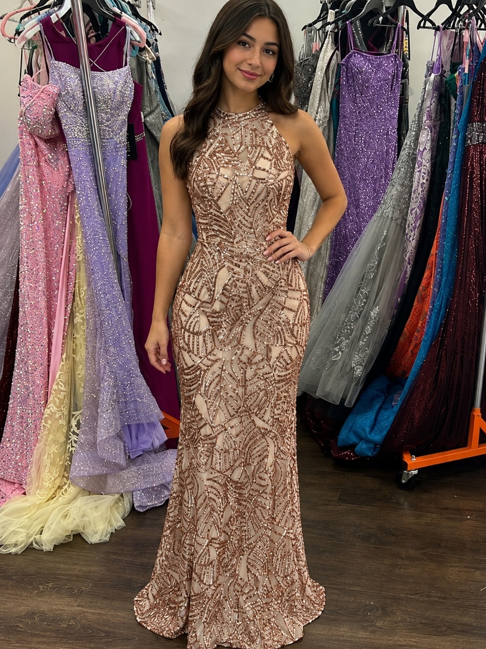 Envious couture E1436 rose gold high halter neck size 6 nwt  straplpy back